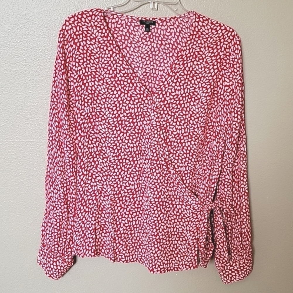 Talbots Red White Faux Wrap Leopard Print Blouse - Size Large Petite